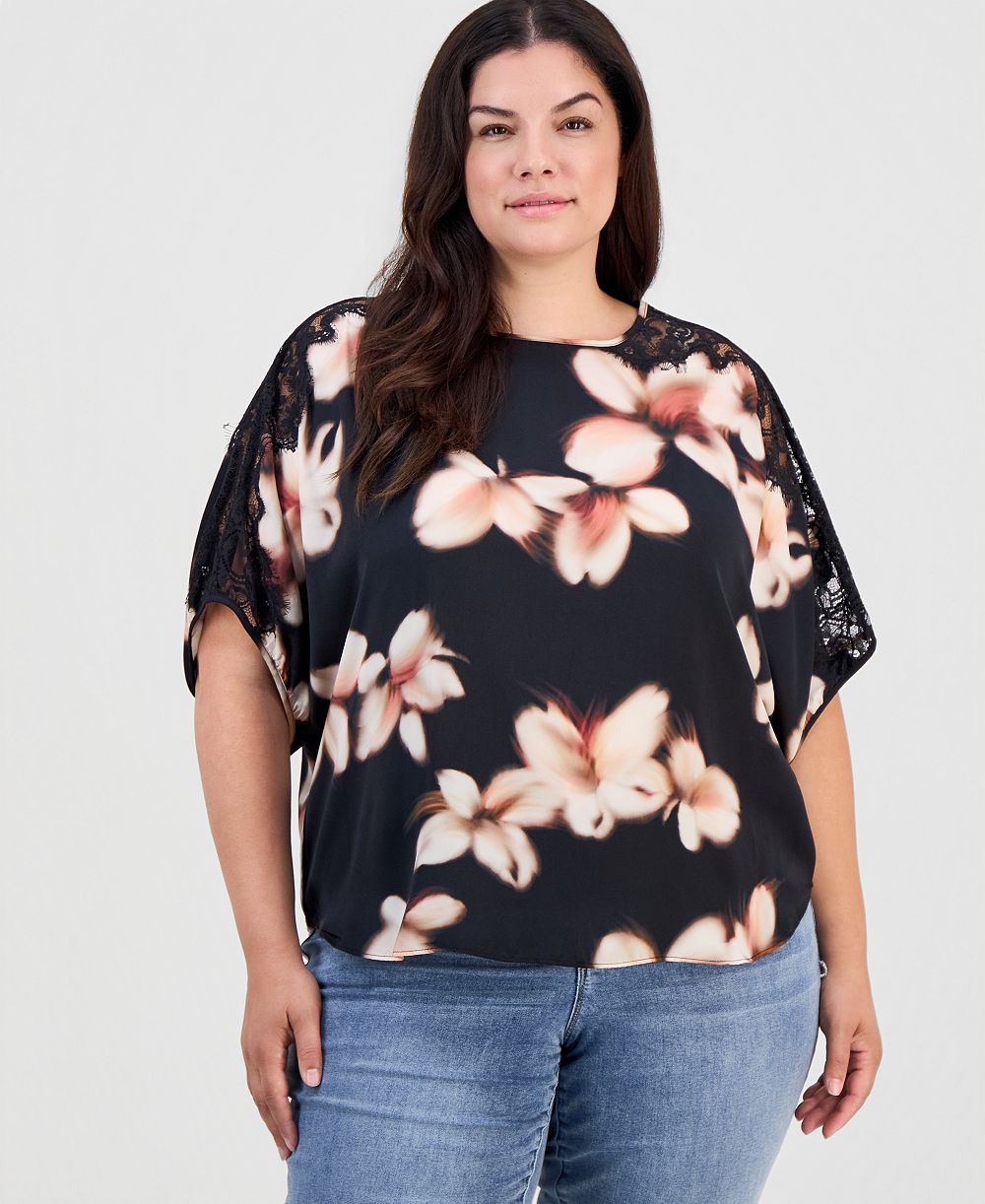 Democracy Plus Size Inset Lace Dolman Floral Blouse