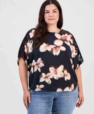 Democracy Plus Size Inset Lace Dolman Floral Blouse