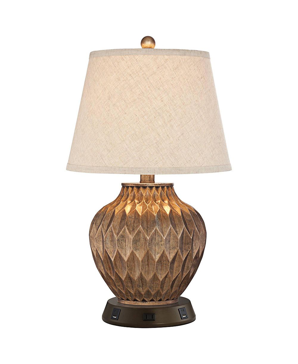 360 Lighting Accent Table Lamp with USB and AC Power Outlet Workstation Charging Base High Warm Bronze Drum Shade Living Room Desk