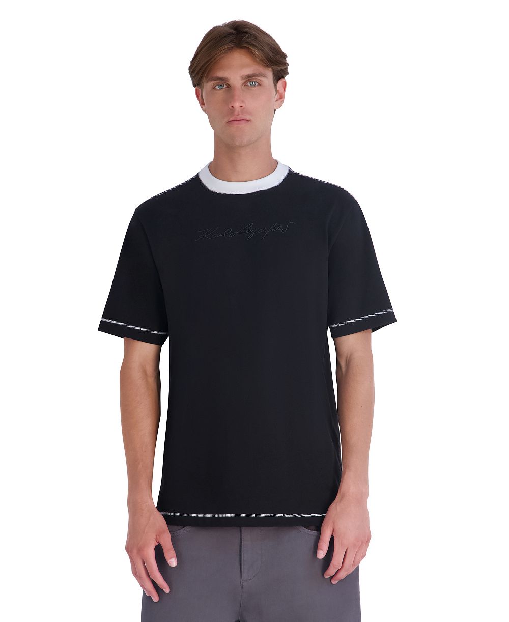 KARL LAGERFELD PARIS Men's Heavy Weight Embroidered Collar Signature T-Shirt