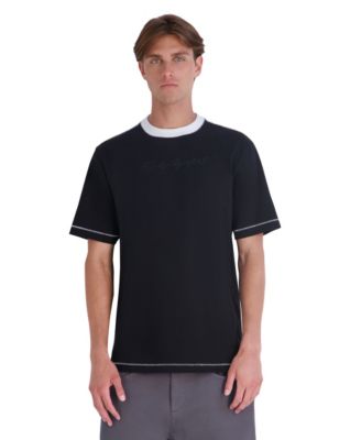 KARL LAGERFELD PARIS Men's Heavy Weight Embroidered Collar Signature T-Shirt