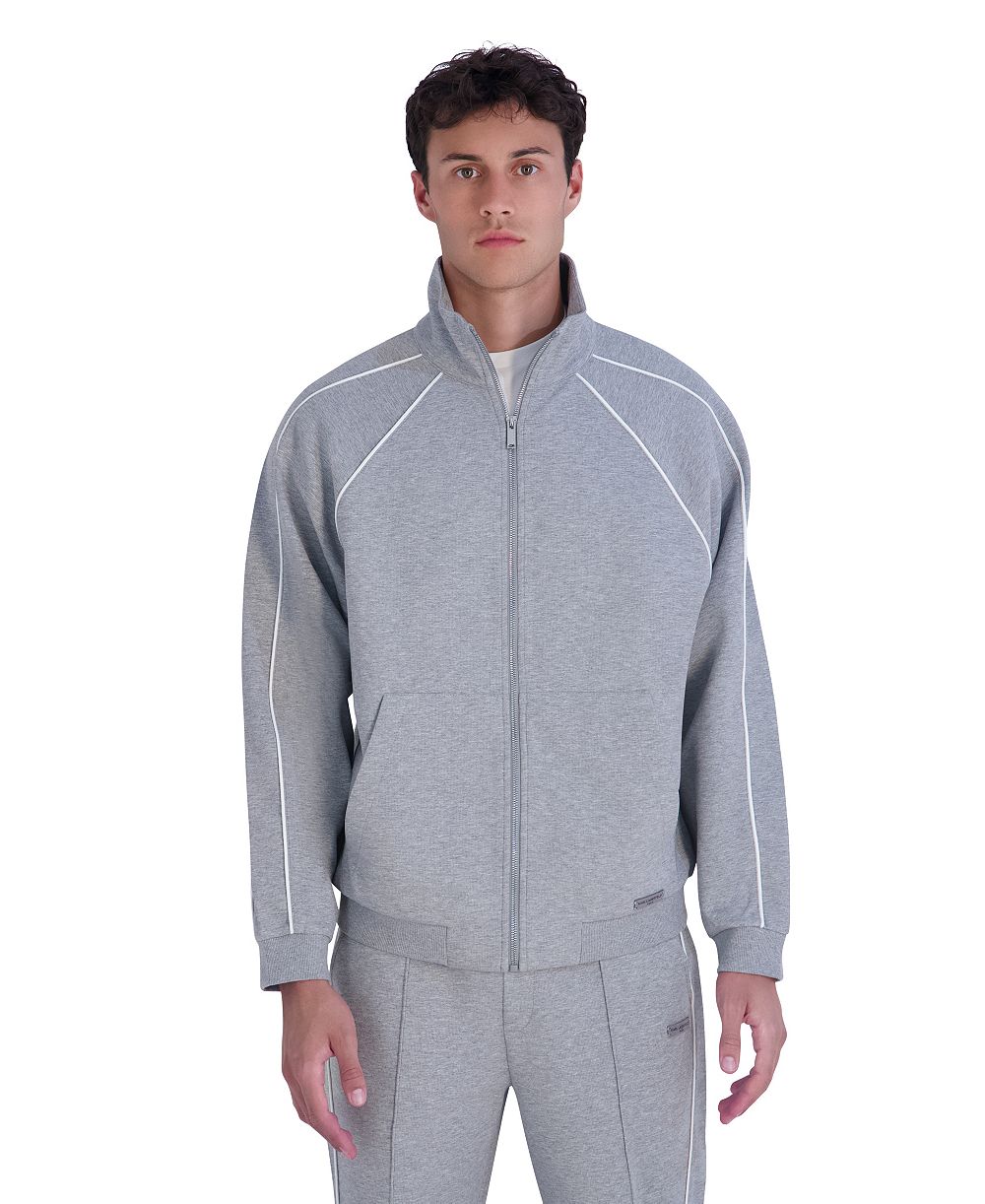 KARL LAGERFELD PARIS Men's Metal Logo Patch and Piping Detail Ponte Track Jacket