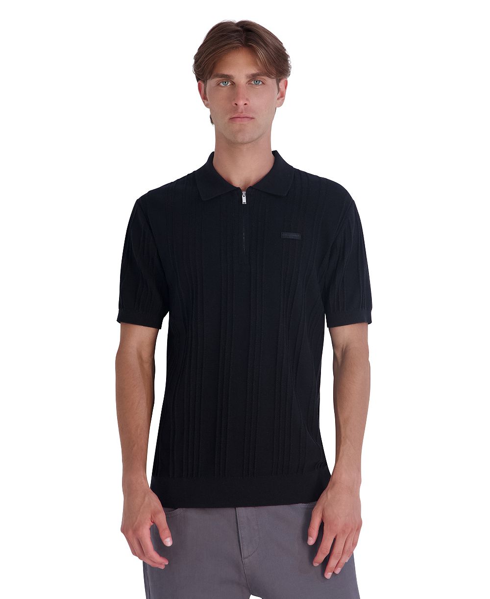 KARL LAGERFELD PARIS Men's Leather Patch Quarter-Zip Polo Sweater