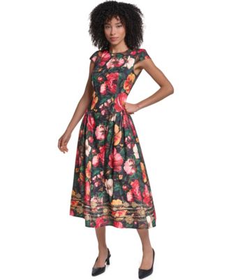 KARL LAGERFELD PARIS Women's Floral Print Jacquard Fit & Flare Midi Dress