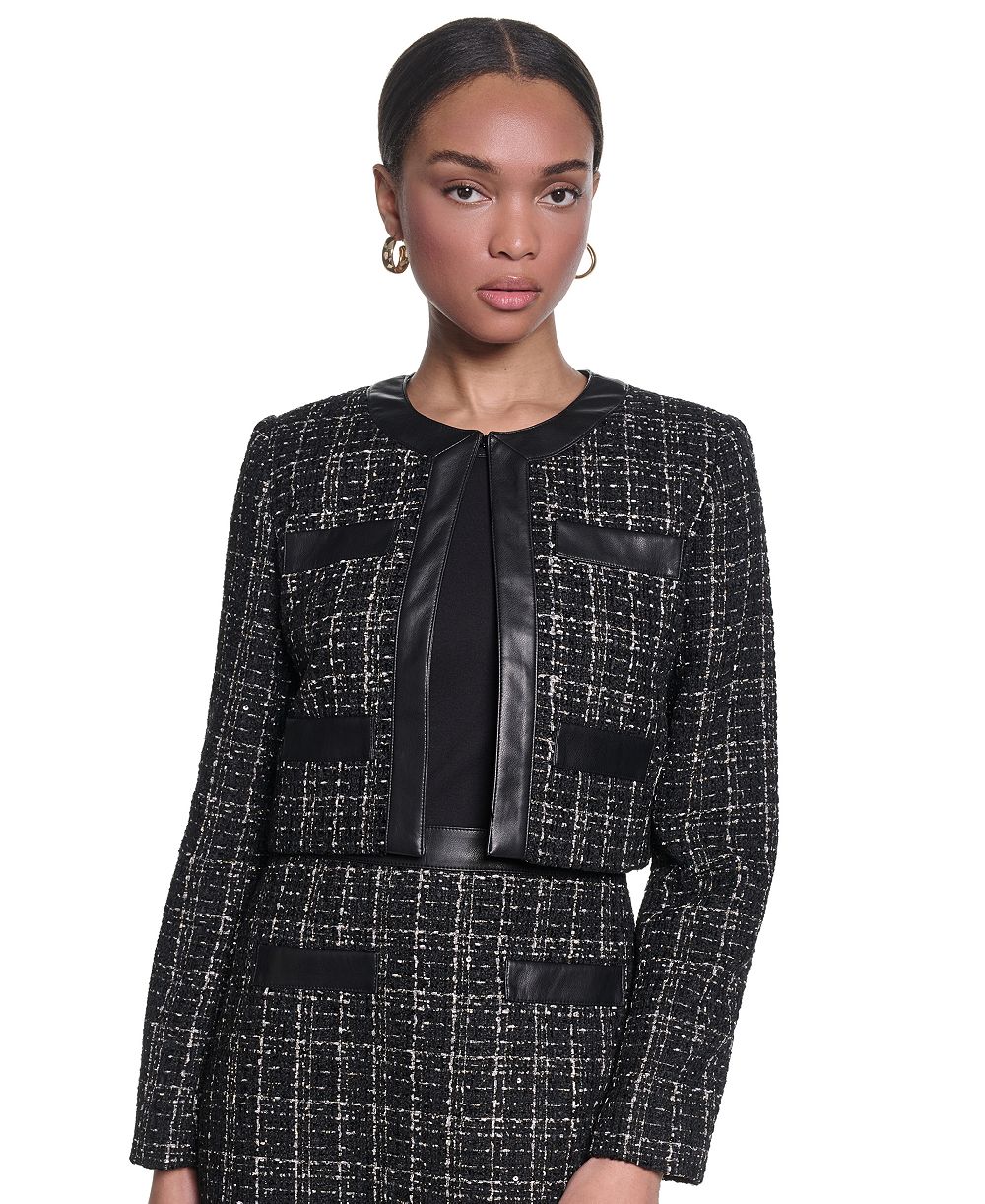 KARL LAGERFELD PARIS Women's Metallic Tweed Jacket with Faux Leather Trim