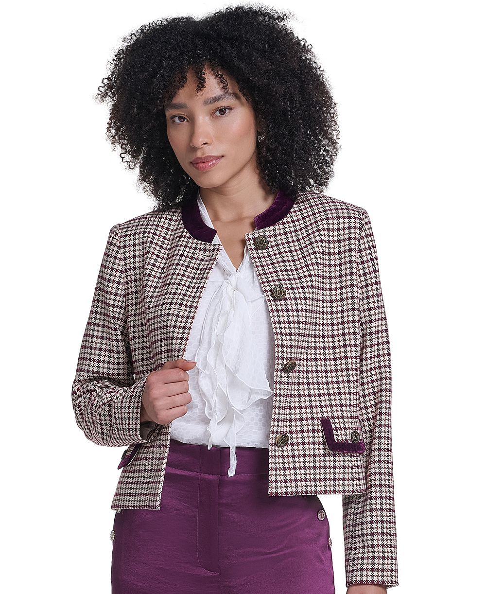 KARL LAGERFELD PARIS Petite  Cropped Shoulder-Padded Woven Jacket