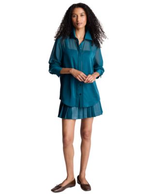 Kenneth Cole Women's Long Sleeve Button Front Satin Shirt with Sheer Yoke
