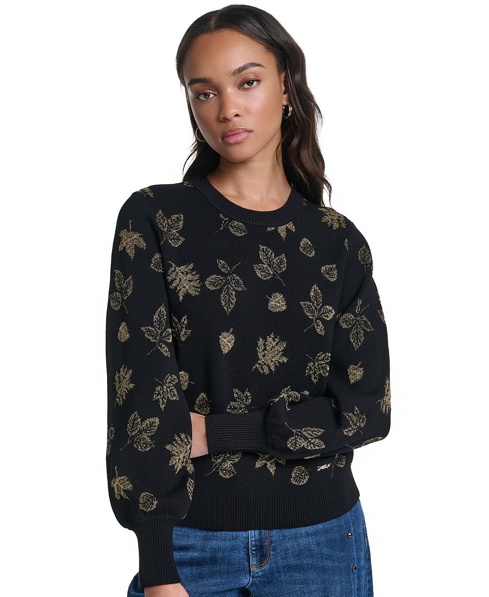 Karl Lagerfeld Paris petite Metallic-Leaf Print Crewneck Sweater