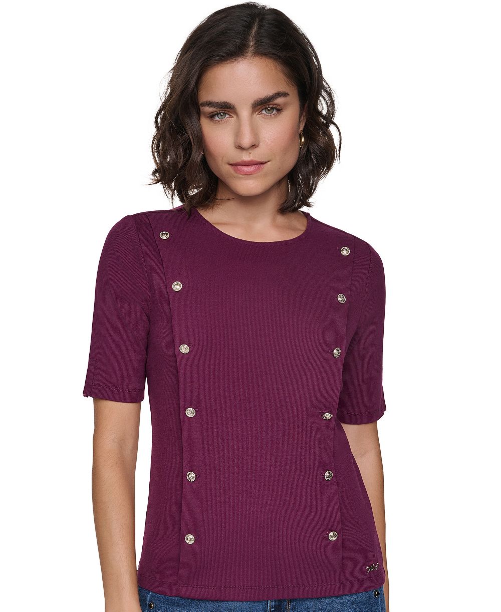 Karl Lagerfeld Paris Petite Short-Sleeve Crewneck Ribbed-Knit Cotton-Blend Sweater