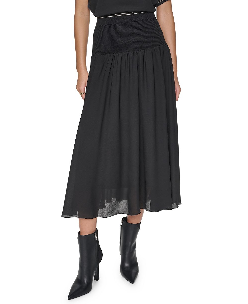 DKNY Women's Contrast Stitch Mixed-Media High-Waisted Midi Skirt