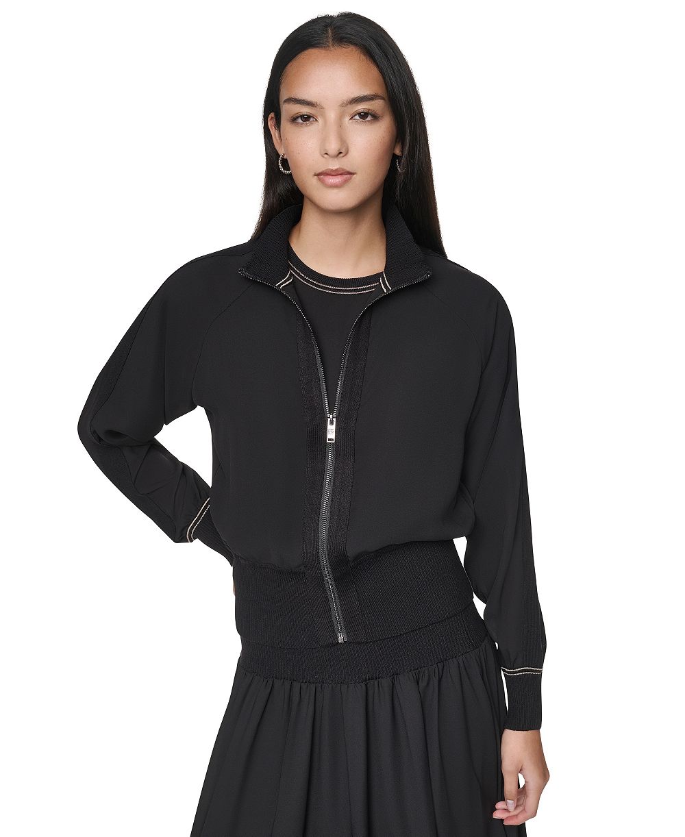DKNY Women's Lightweight Mixed-Media Contrast-Stitch Jacket