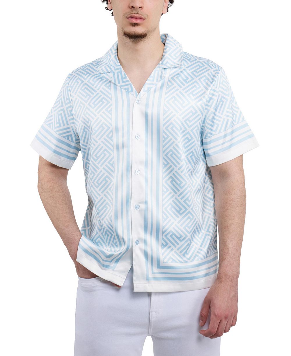 XRAY Men's Regular Fit Camp Collar Short Sleeve Printed Woven Satin Shirt