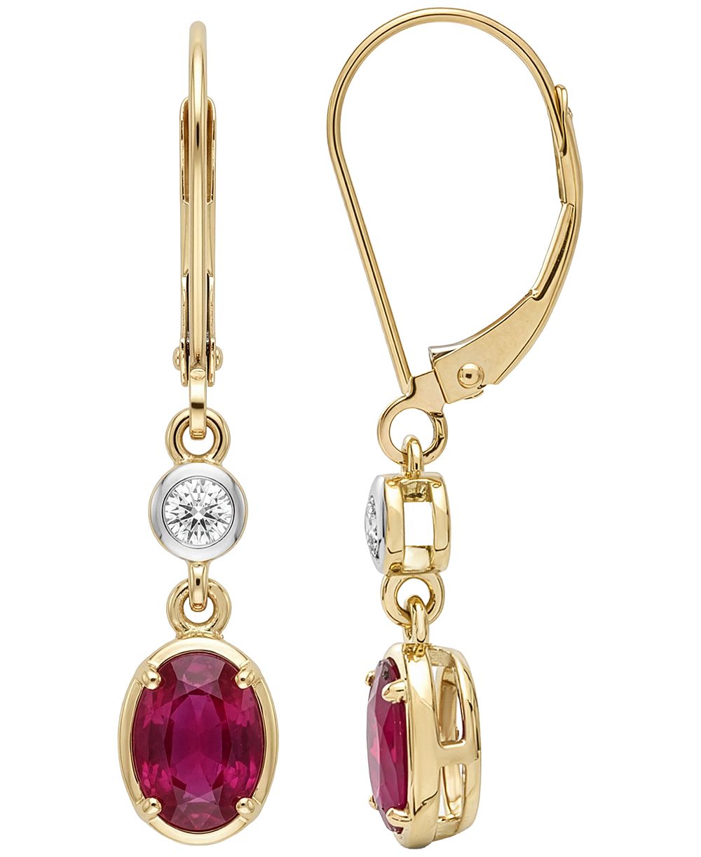 Серьги Macy's с рубином (1,40 карата) и бриллиантами (0,1 карата) в желтом золоте 14k