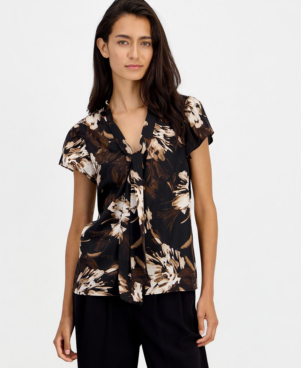 Bar III Women's Tie-Neck Short-Flutter-Sleeve Blouse, Macy's Exclusive
