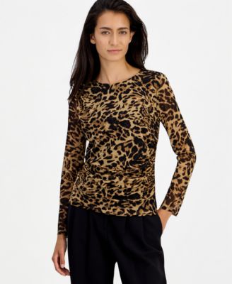 Bar III Women's Leopard-Print Ruched Mesh Top, Macy's Exclusive