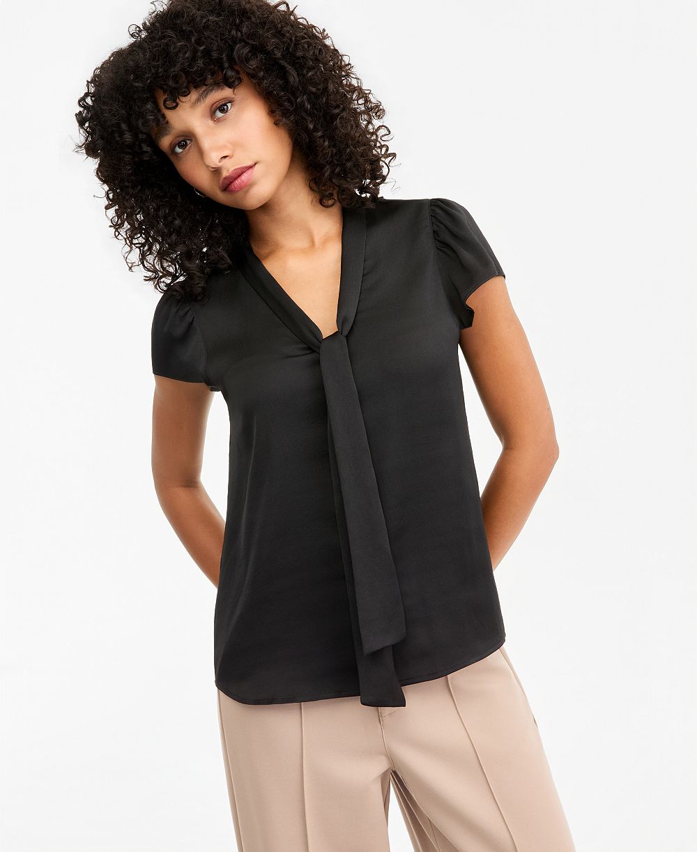Bar III Women's Satin Tie-Neck Flutter-Sleeve Short-Sleeve Blouse, Macy's Exclusive