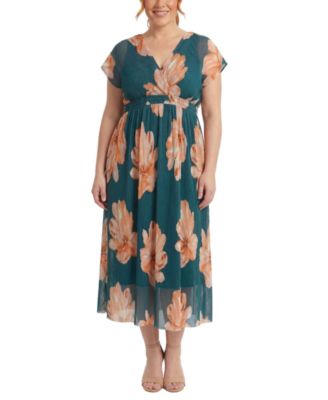 London Times Plus Size Pleated Surplice-Neck Fit & Flare Dress
