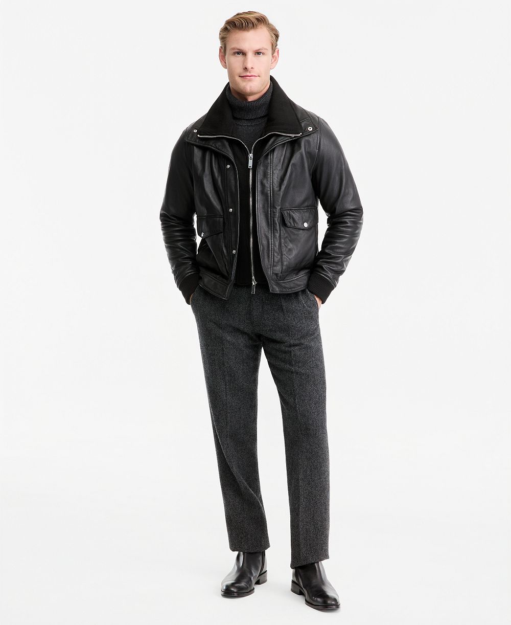 Bagatelle Men's Genuine Leather Bomber Jacket with Sweater Bib Insert