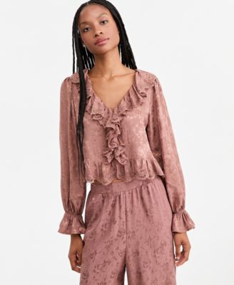 Блузка из жаккарда с воланами и рукавами-баллонами Petite, эксклюзив Macy's