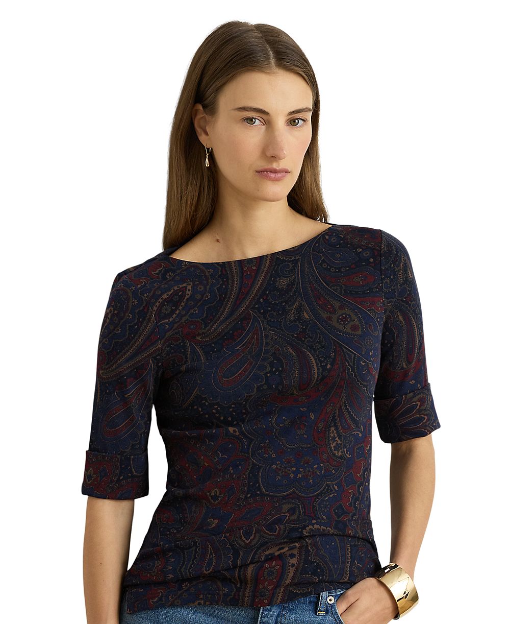 Lauren Ralph Lauren Petite Paisley Boat-Neck Stretch Cotton-Blend T-Shirt