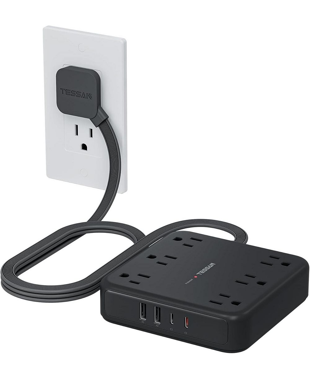 Удлинитель TESSAN PS08 с 6 розетками и 4 портами USB, 5 футов, защита от скачков напряжения, совместим с компьютерами, телефонами, планшетами и USB-устройствами