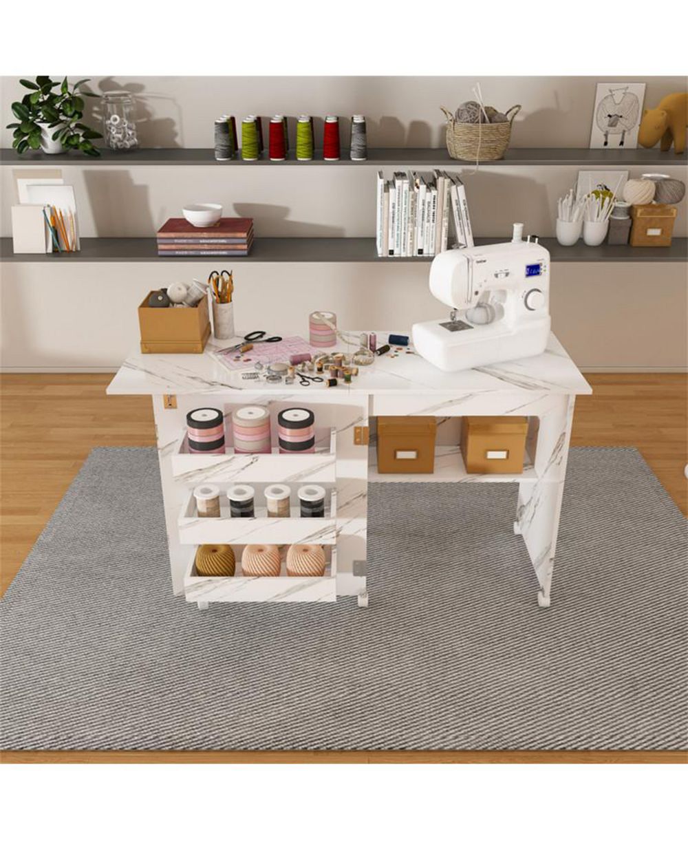 YOBTOP Folding Sewing Table for DIY 4-in-1 Craft Station with Lockable Wheels, End Table and Computer Desk, Kitchen Storage Shelves