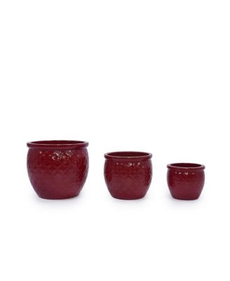 YOBTOP Handmade Ceramic Flower Pot Set of 3 - 15/12/10 Inch, Floral Embossed, Indoor/Outdoor, Breathable Clay