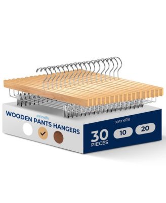 SereneLife 30 Pcs. Premium Wooden Pants Hangers - Heavy Duty Hanger Set with Chrome 360degree(s) Swivel Hook