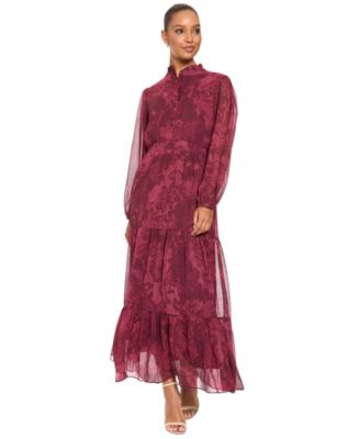 London Times Women's Floral-Print Sheer Long-Sleeve Tiered Long Dress