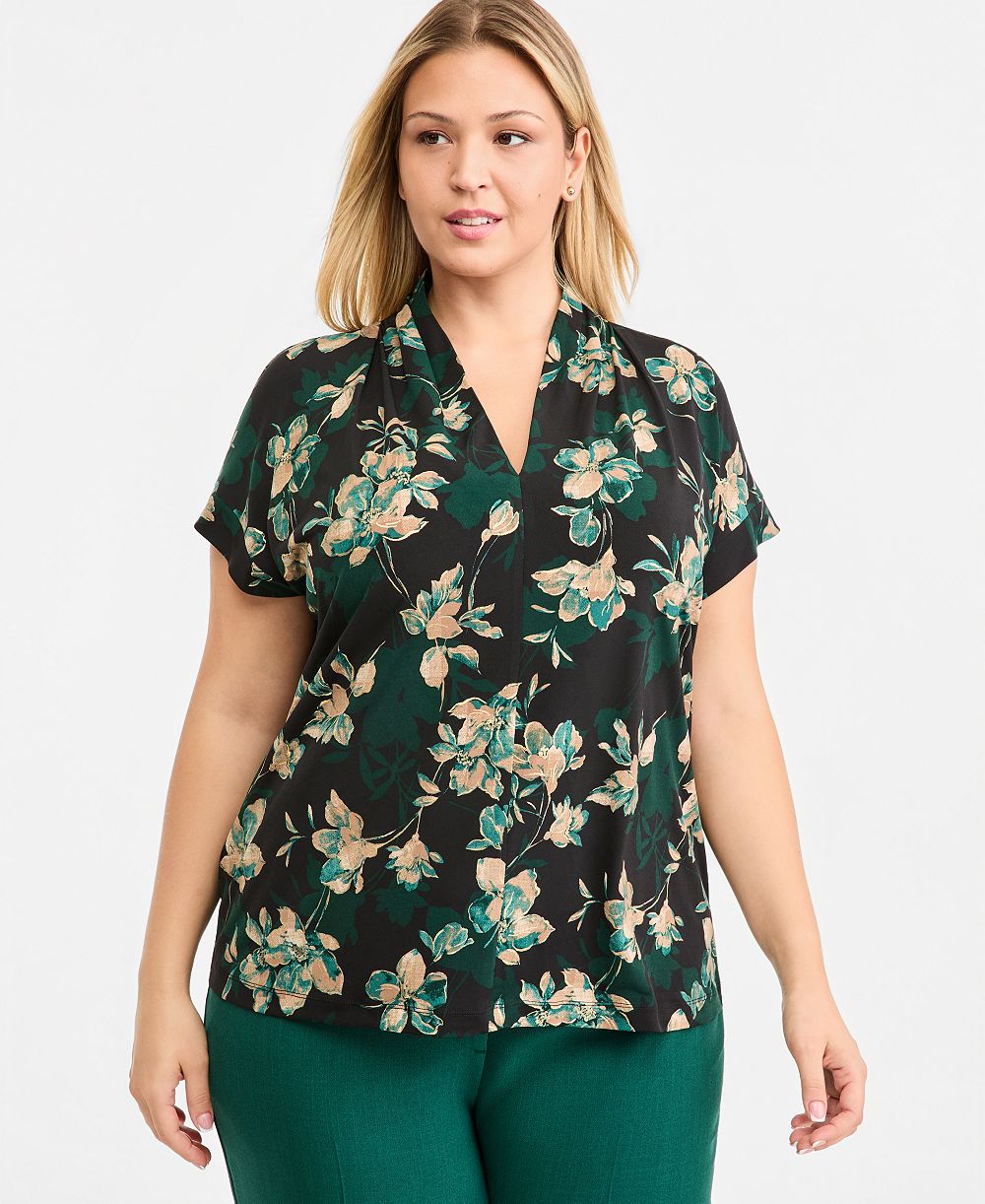 Kasper Plus Size Floral Funnel-Neck Cap-Sleeve Blouse