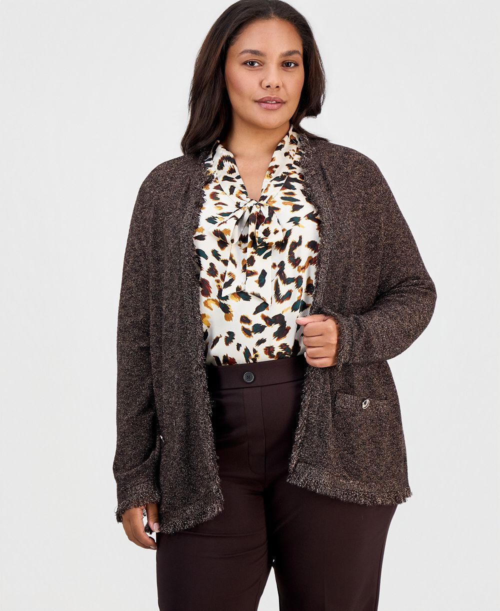 Кардиган Kasper большого размера из хлопковой смеси с бахромой и открытым передом