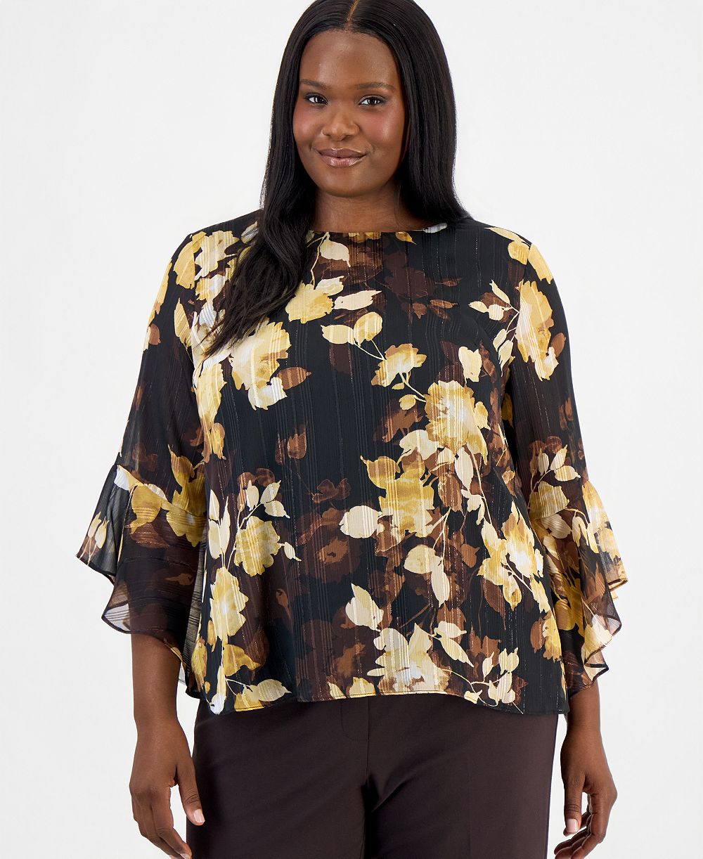 Kasper Plus Size Floral Ruffled-Sleeve Blouse