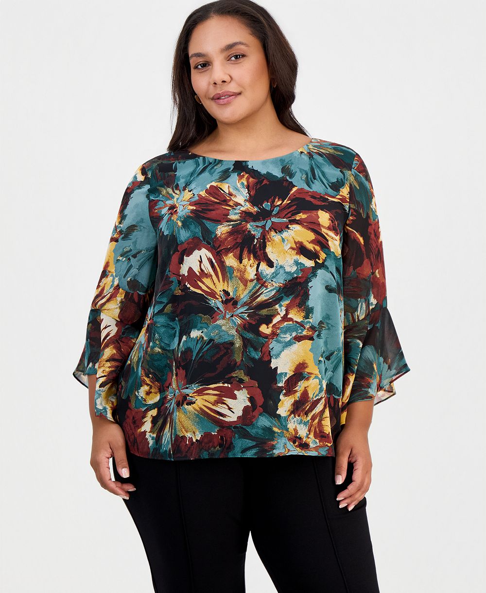 Блузка Kasper Plus Size с цветочным принтом и воланами, рукав 3/4