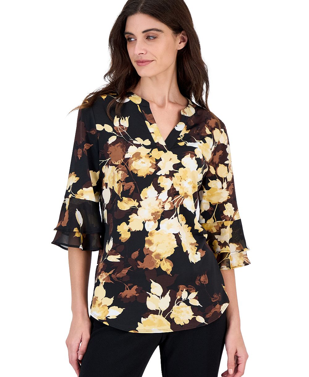Kasper Туника Petite с цветочным принтом, разрезом на шее и рукавами 3/4 с воланами