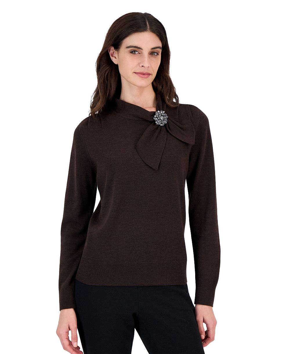 Kasper Petite Mock-Neck Pleated-Shoulder Sweater with Brooch