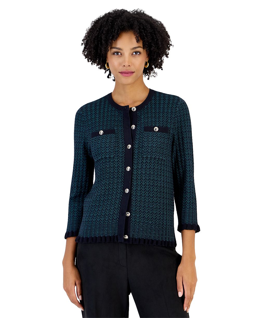 Kasper Petite Two-Tone Stitch Crew Neck 3/4 Sleeve Cardigan