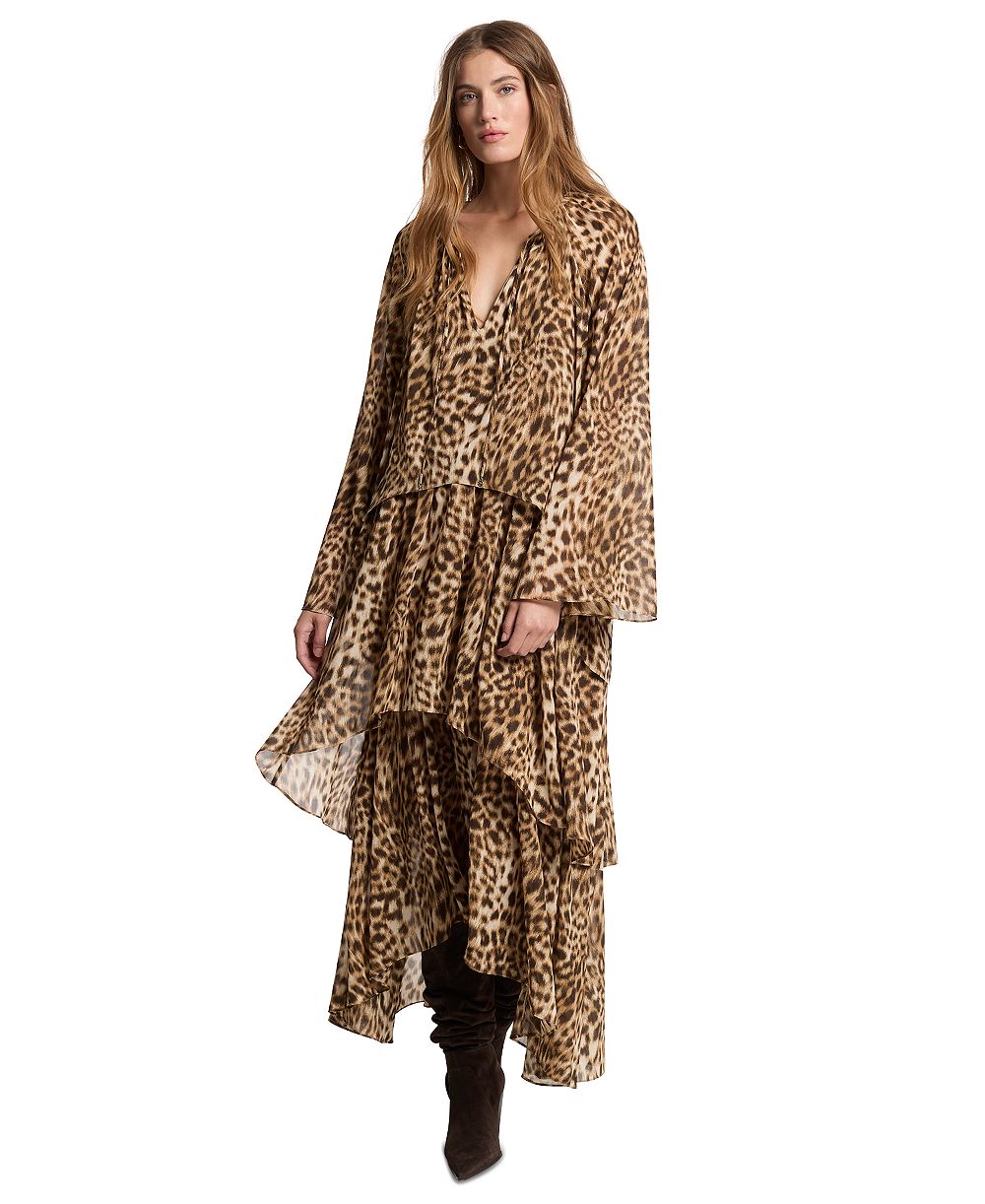 MICHAEL Kors Women's Long Sleeve Leopard Print High-Low Dress