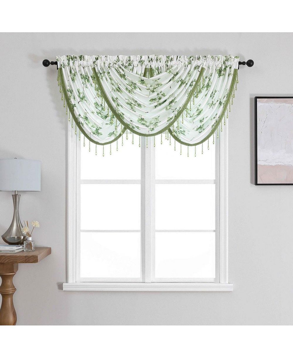 Kate Aurora 3 Piece Printed Cherry Blossom Beaded Rod Pocket Window Valances