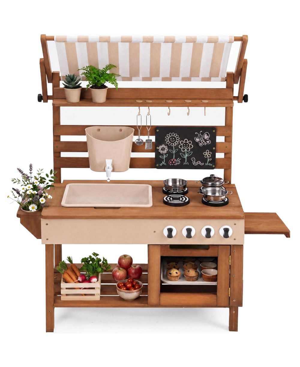 Best Choice Products Deluxe Wooden Outdoor Mud Kitchen for Kids with Canopy, Water Tank, Faucet and 11pc Accessories