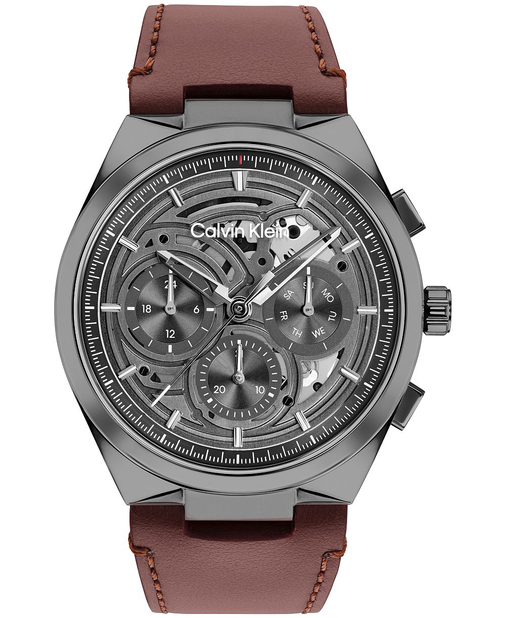 Calvin Klein Men's Distinguish Skeleton Dark Brown Leather Strap Watch 44mm