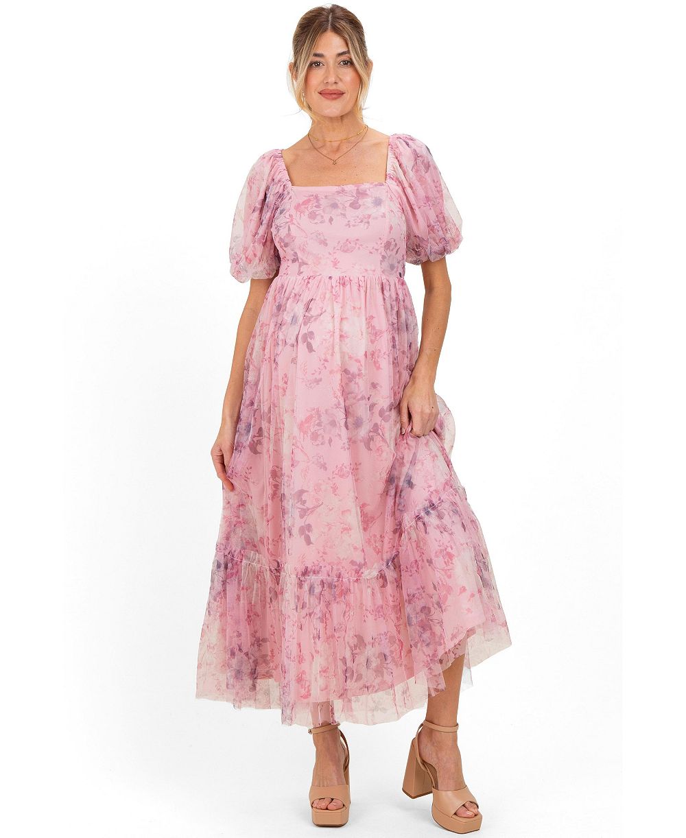 Платье Pinkblush Women's Pink Floral Printed Tulle Puff Sleeve Midi
