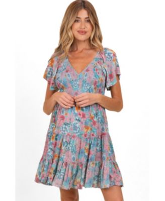 Pinkblush Women's Teal V Neck Smocked Bust Short Sleeve Short Dress