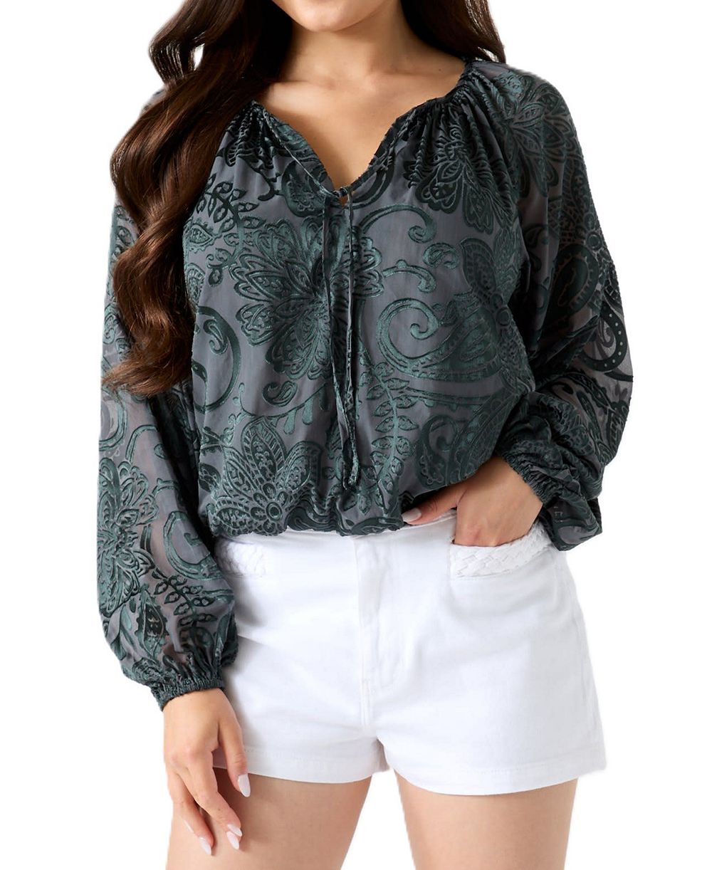 GUESS Women's Avery Long-Sleeve Tie-Front V-Neck Blouse