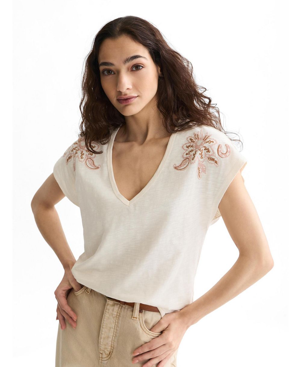 SCOTCH & SODA Women's Embroidered V-Neck T-Shirt.