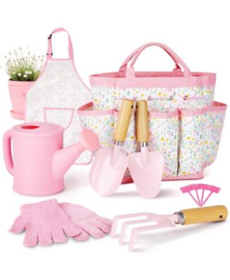 XDOVET Gardening Tools Kit Wooden Rake Shovels Gloves Watering Can Apron Tote Bag Kids Outdoor