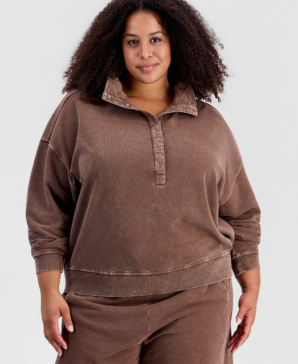 And Now This Plus Size Snap Henley Fleece French Terry Mock Neck Sweatshirt, Macy's Exclusive