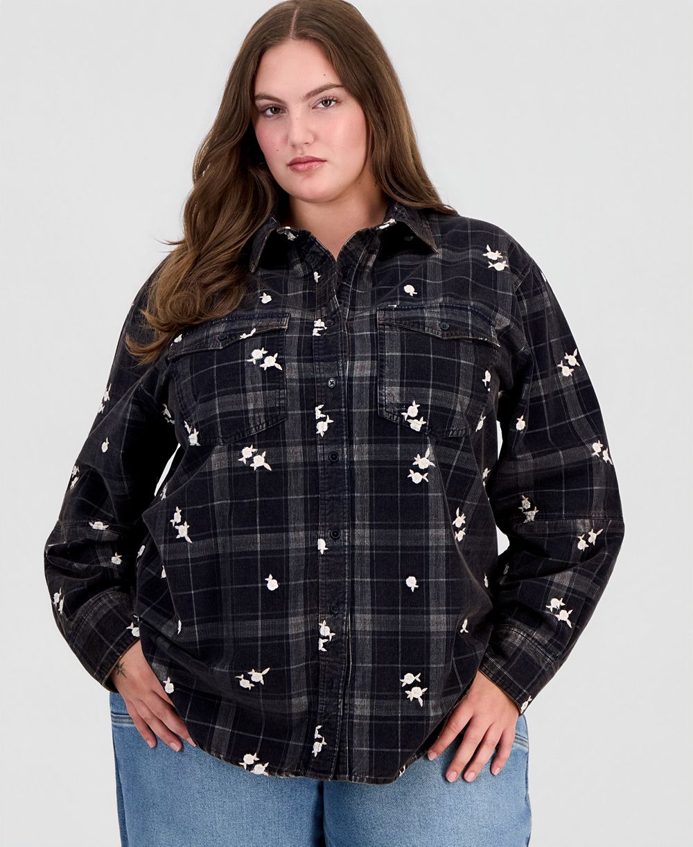 And Now This Plus Size Plaid Long-Sleeve Cord-Embroidered Button-Up Shirt, Macy's Exclusive