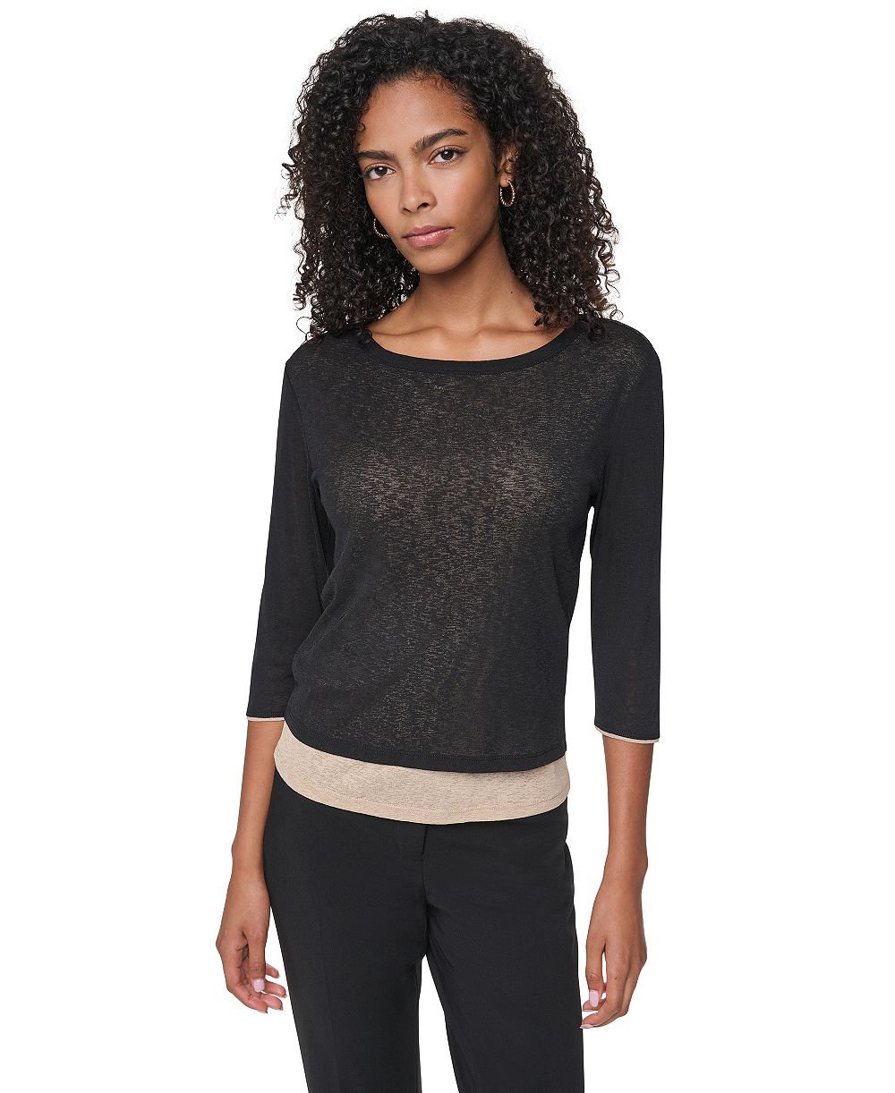 DKNY Women's Tissue Knit Scoop Neck 3/4-Sleeve Pullover Sweater