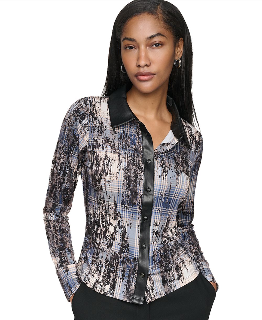 DKNY Women's Collared Button-Up Long-Sleeve Sweater
