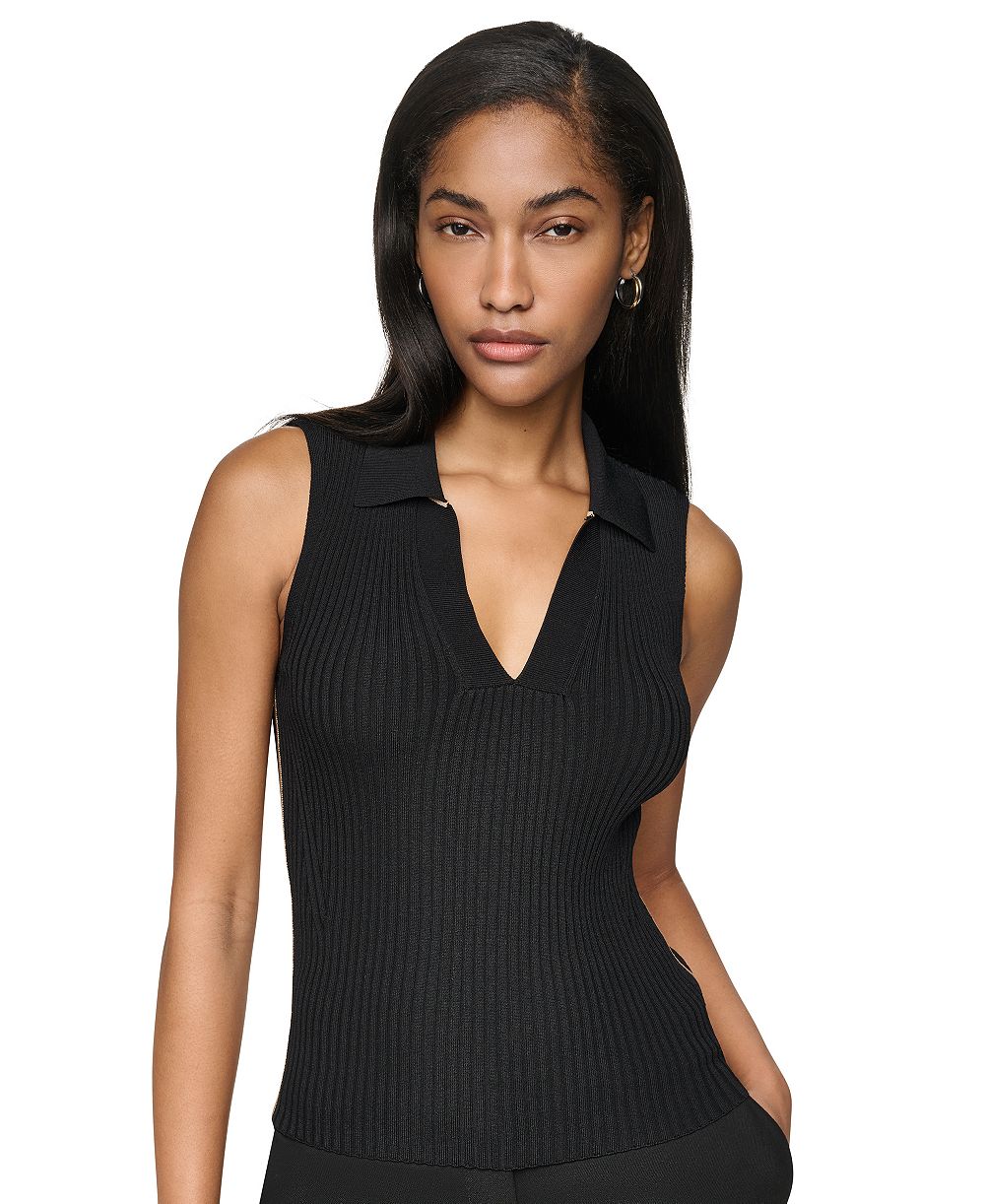 DKNY Women's Collared V-Neck Ribbed Knit Sweater